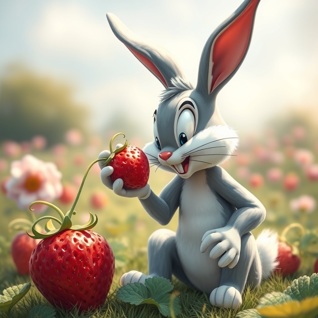 Bugs Bunny Touching A Strawberry