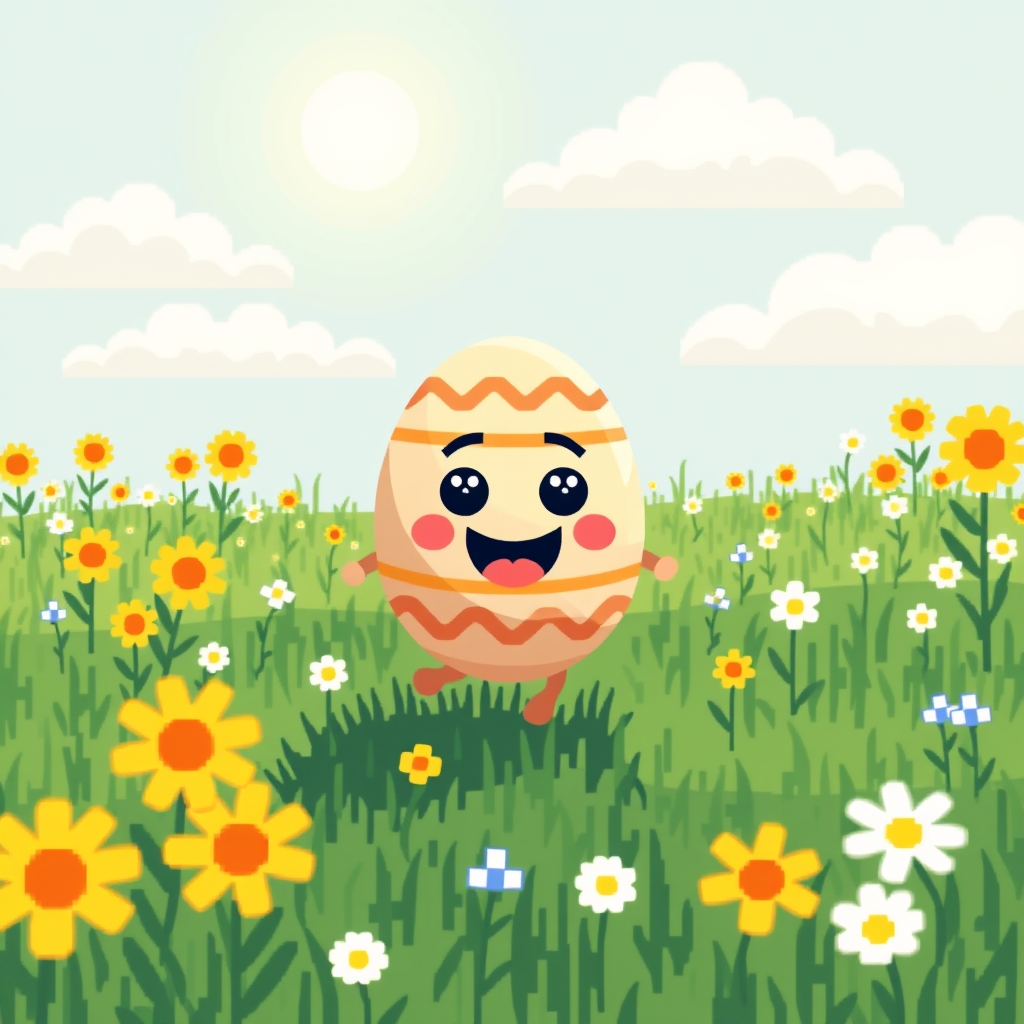 Happy Pixel Egg Walking Through A Sunny Meadow